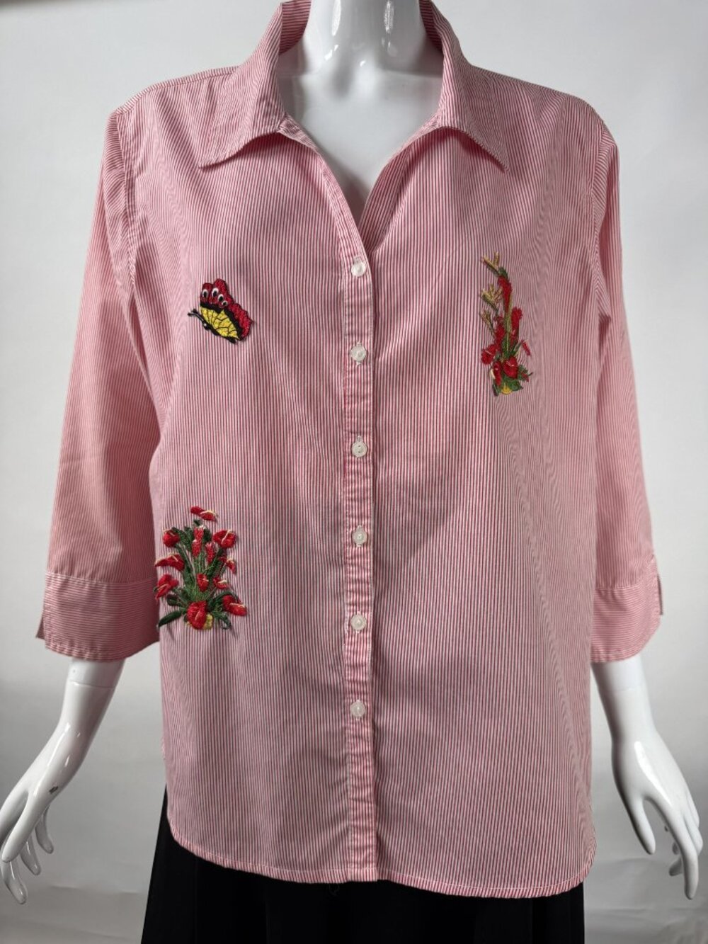 Las Olas Orange & White Striped Button-Up Shirt With Floral Embroidery 3/4 Sleev